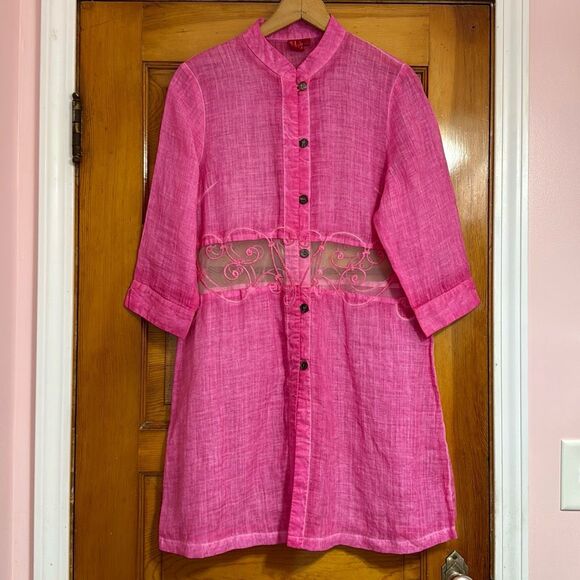 Pink Mandarin Collar Semi Sheer Button Down Cover Up Women’s Large - Picture 1 of 9